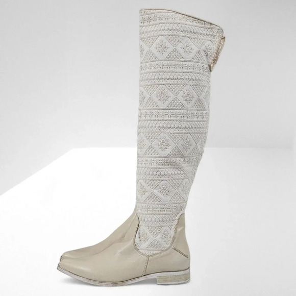 NEW Free People Bren Knee High Boot Women EU 39.5 Cream Embroidered Slouchy Boho - Picture 1 of 16